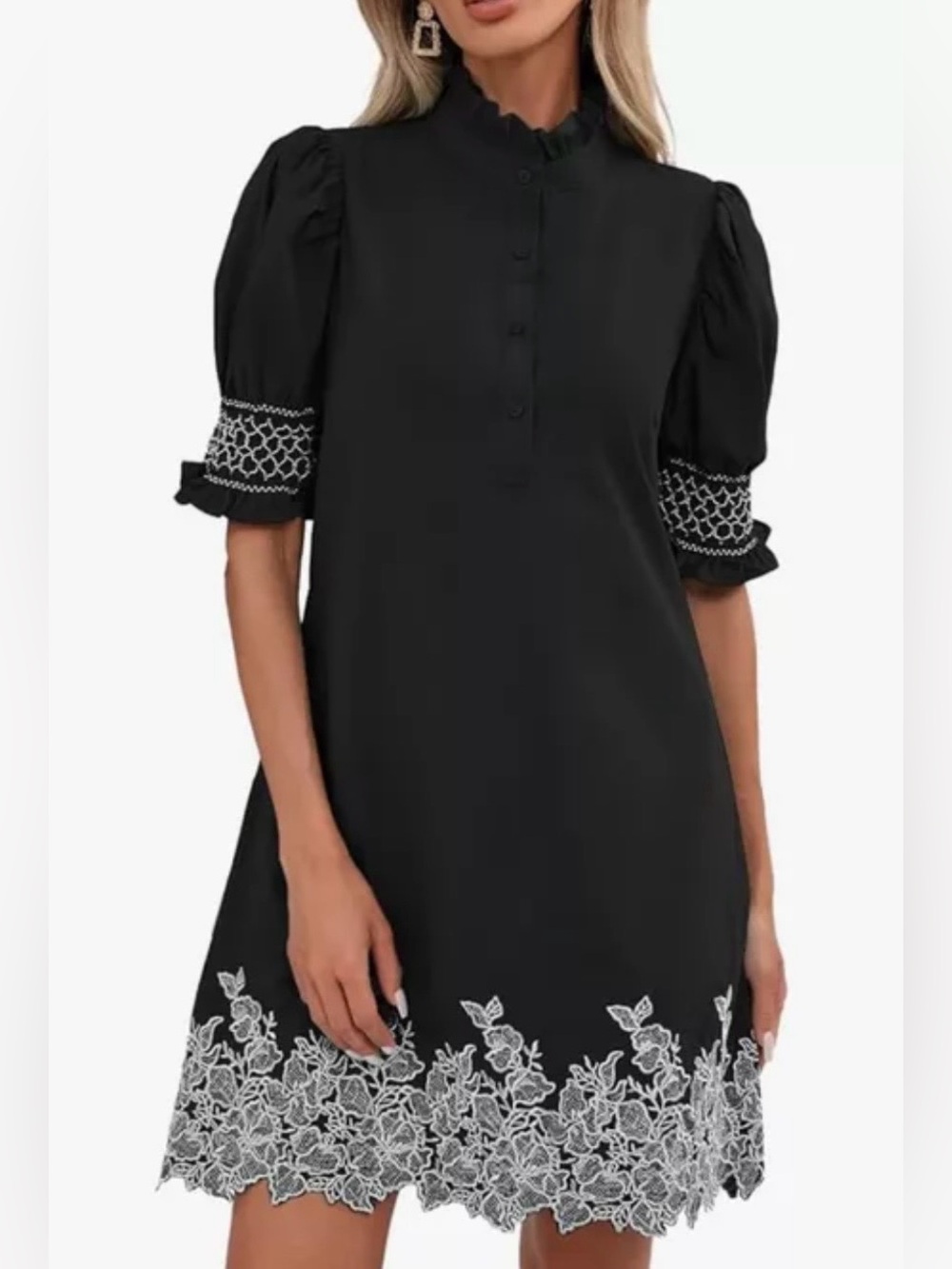 Black Cotton Summer Mini Dress With White Floral Embroidery (SKU553)